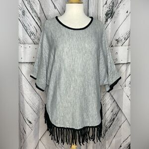 NY COLLECTION Women’s Grey Sweaterwith Dolman Sleeves and Black Bottom Fringe